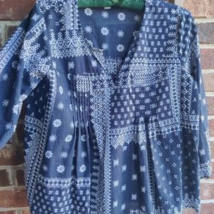 J. Jill navy blue + white 3/4 sleeve boho top